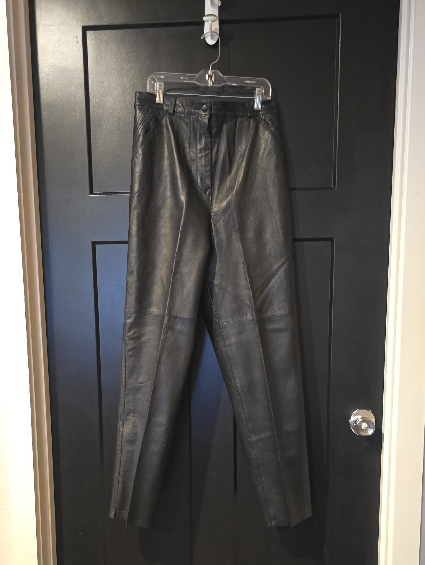 Black Leather Straight-Leg Pants, Vintage Sz 12, Nice!